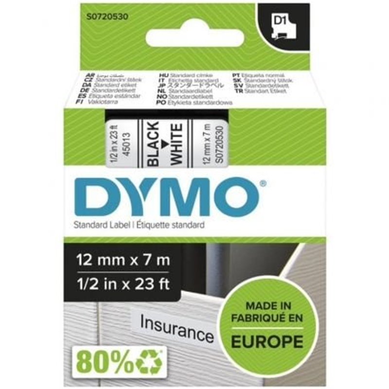 Cinta Rotuladora Adhesiva de Pl�stico Dymo D1 45013/ para Label Manager/ 12mm x 7m/ Negra-Blanca