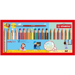 STABILO woody 3 en 1, estuche de 18 con pincel, sacapuntas, colores pastel