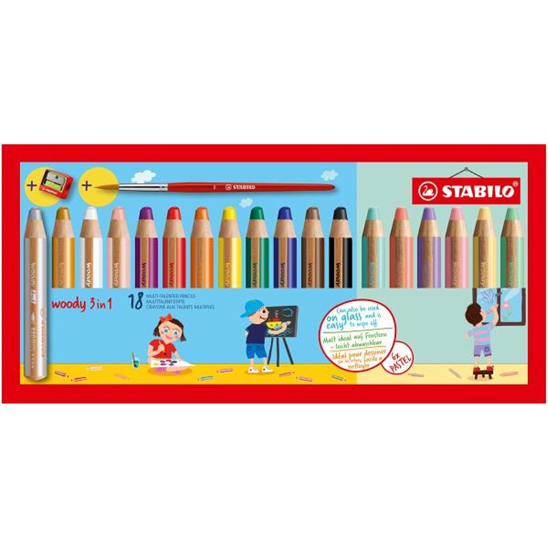 STABILO woody 3 en 1, estuche de 18 con pincel, sacapuntas, colores pastel