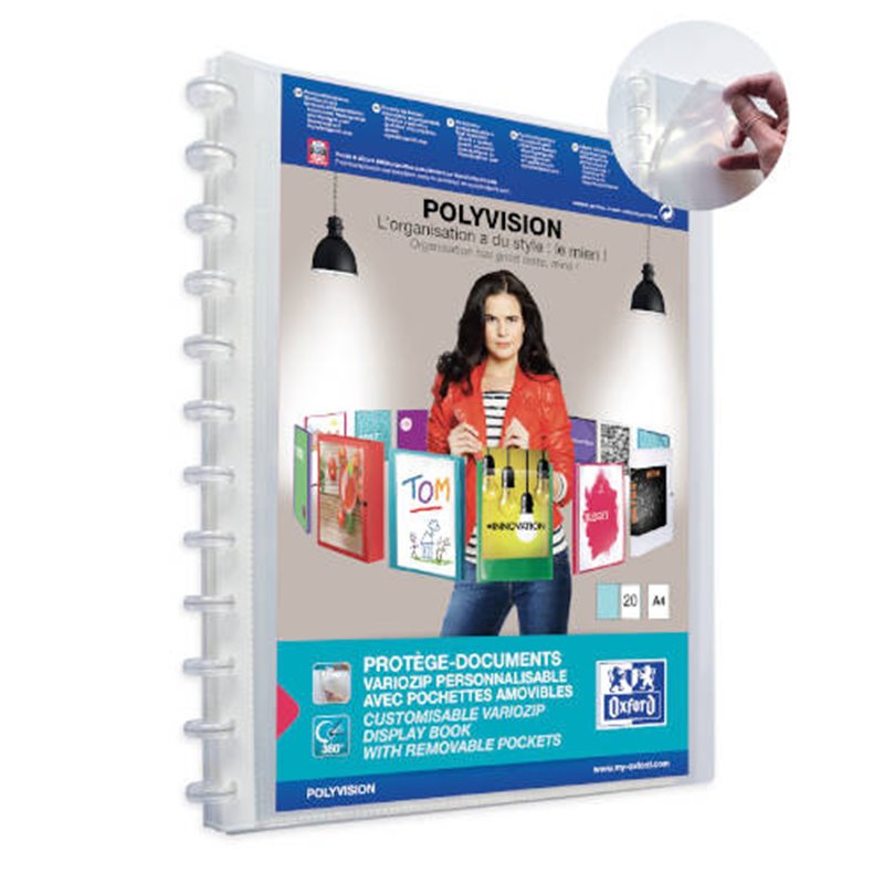 CARPETA DE FUNDAS INTERCAMBIABLES PERSONALIZABLES POLYVISION A4+ 20 FUNDAS COLOR TRANSPARENTE OXFORD 100205600