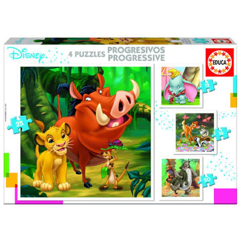 PUZZLE PROGRESIVOS DISNEY ANIMALS DUMBO+BAMBI+LION KING+JUNGLE BOOK DE 3-5 AÑOS EDUCA BORRAS 18104