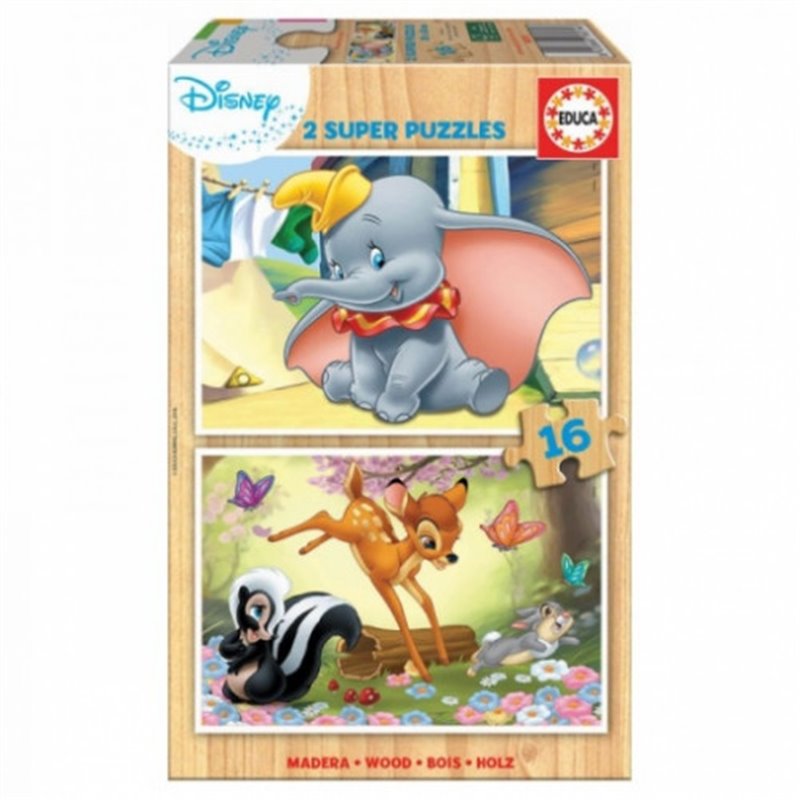 PUZZLE MADERA DISNEY ANIMALS DUMBO+BAMBI  2X16 PIEZAS  EDUCA BORRAS 18079