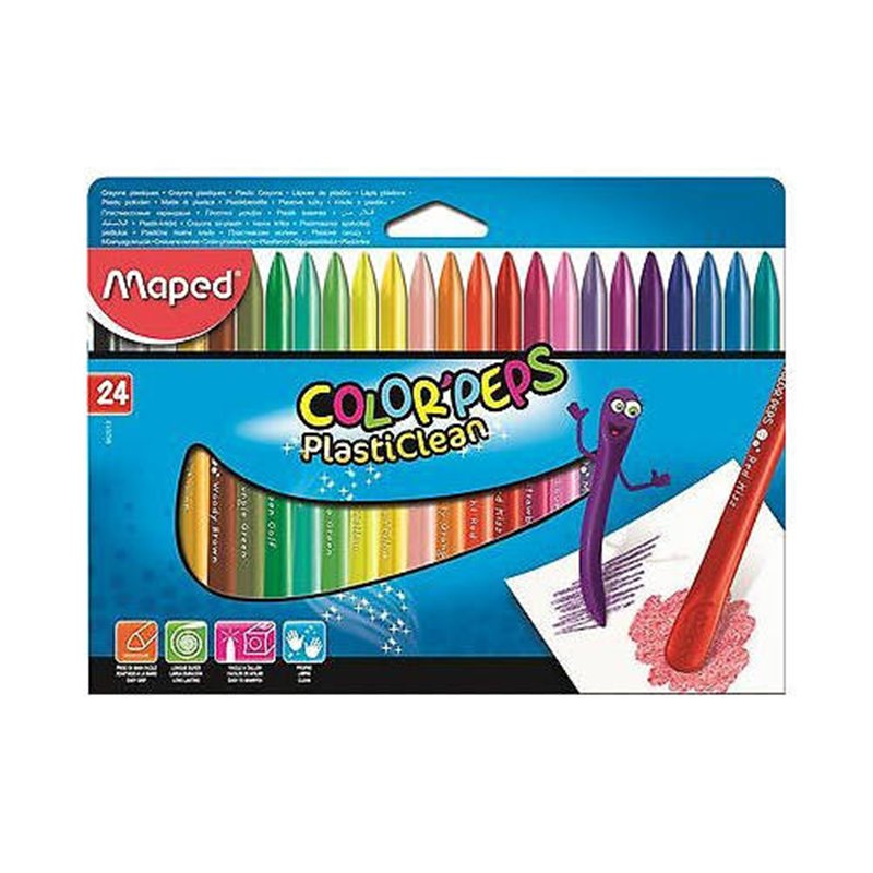 CAJA DE 24 CERAS PLASTICLEAN COLOR'PEPS COLORES SURTIDOS MAPED 862013