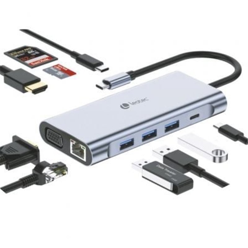 Docking USB Tipo-C Leotec LEDS01/ 3xUSB/ 2xUSB Tipo-C/ 1xUSB Tipo-C PD/ 1xHDMI 4K/ 1xVGA/ 1xRJ45/ 1xAudio/ 1xLector Tarjetas SD 