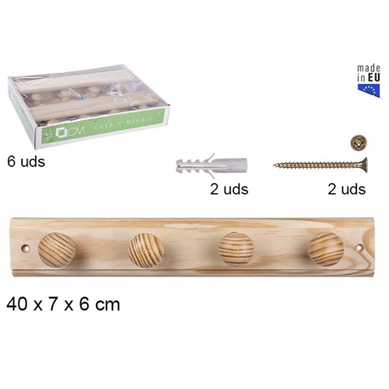 Percha madera natural 4 pomos