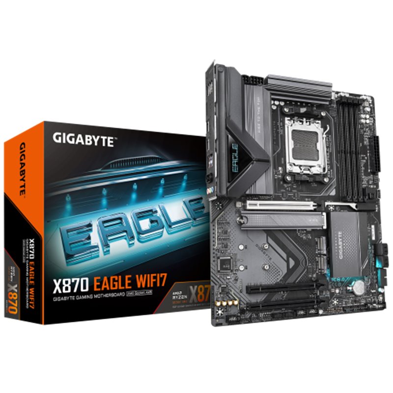 GIGABYTE Placa Base X870 EAGLE WIFI7 - Compatible con CPUs AMD Ryzen 9000, VRM de 14+2+2 fases, hasta 8000MHz DDR5 (OC), 4xPCIe 