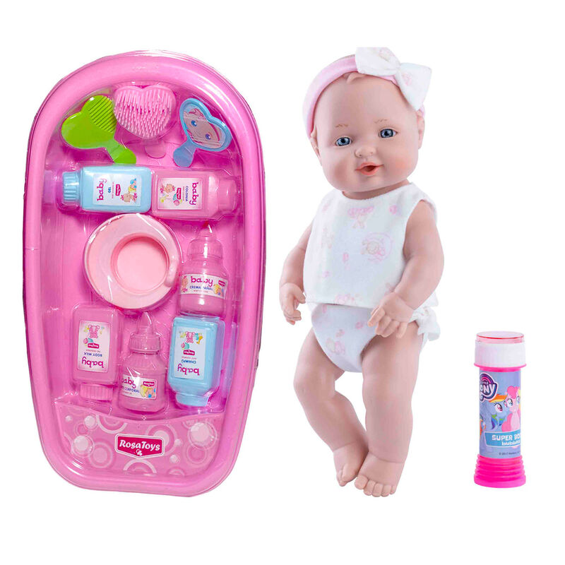 Muñeca bebe pompitas con bañera y accesorios