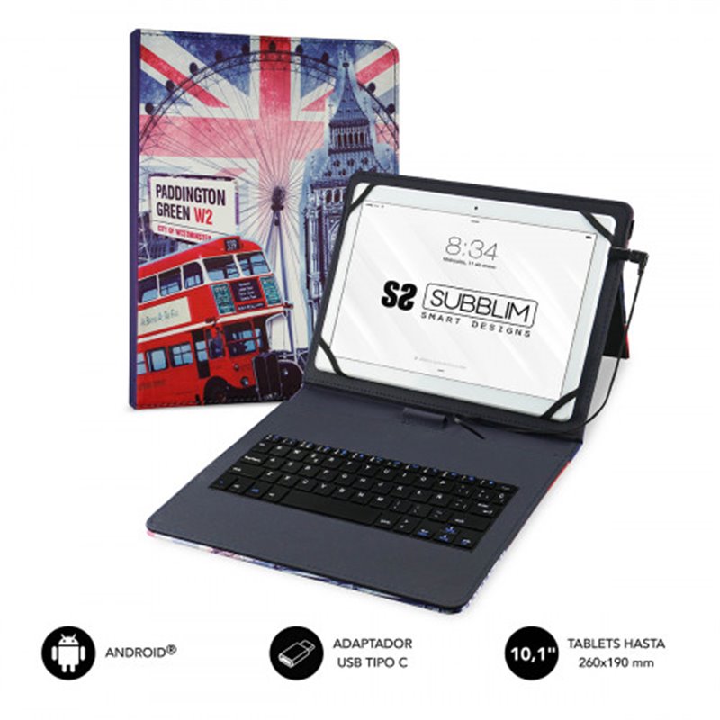 SUBBLIM Funda con Teclado Micro USB - USB C KEYTAB USB 10,1" England