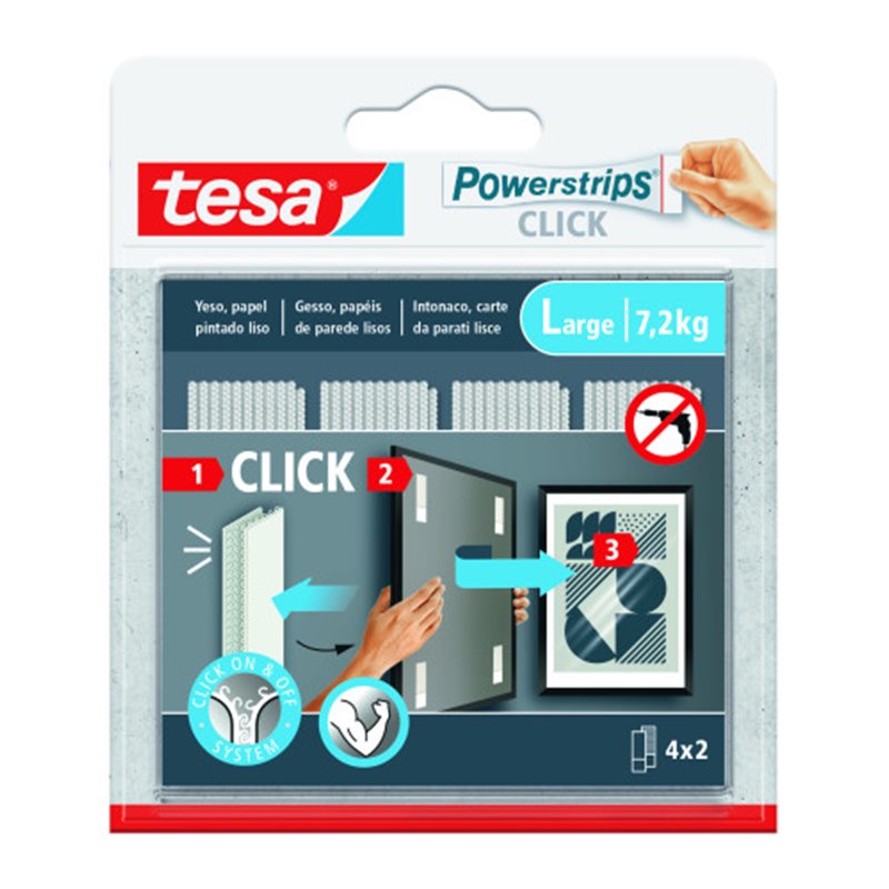 BLISTER TIRAS ADHESIVAS CUELGA OBJETOS POWERSTRIPS CLIK 7,2KG  4 PARES 85X20MM "L" TESA 77722-00001-00