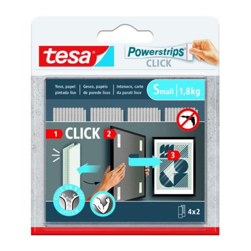 BLISTER TIRAS ADHESIVAS CUELGA OBJETOS POWERSTRIPS CLIK 1,8KG 4 PARES 60X20MM "S" TESA 77720-00001-00