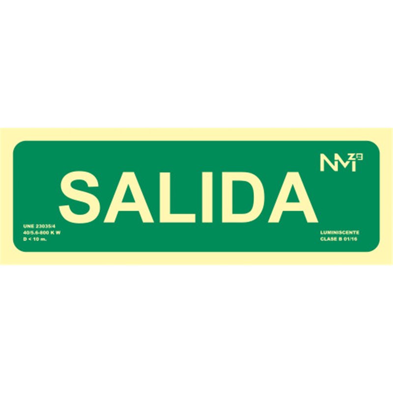 SEÑAL "SALIDA" HOMOLOGADA 300X105MM POLIPROPILENO FOTOLUMINISCENTE ARCHIVO2000 6170-22H VE