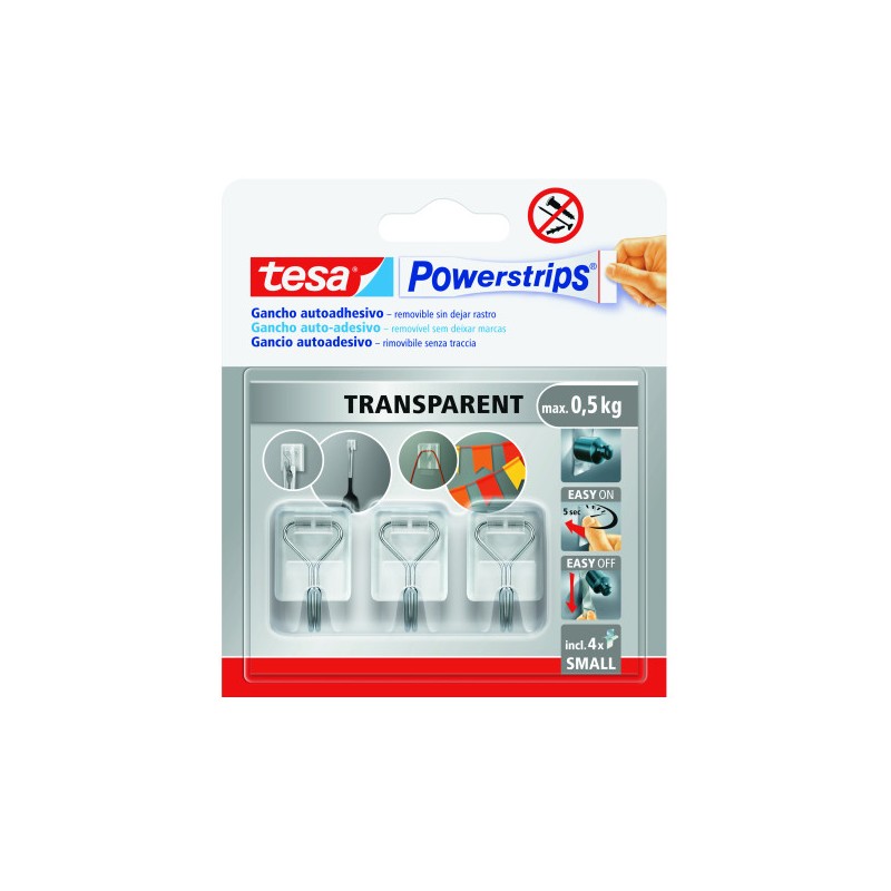 BLISTER 3 GANCHOS ADHESIVOS ALAMBRE POWERSTRIPS 0,5KG TAMAÑO S TRANSPARENTE TESA 58620-00001-01