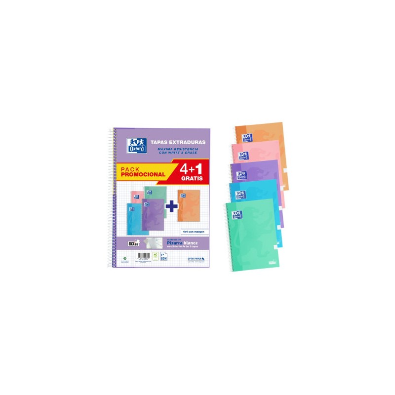 PACK 4+1 CUADERNOS CLASSIC WRITE&ERASE Fº T.EXTRADURA 80H 4X4 COLORES PASTEL OXFORD 400159802