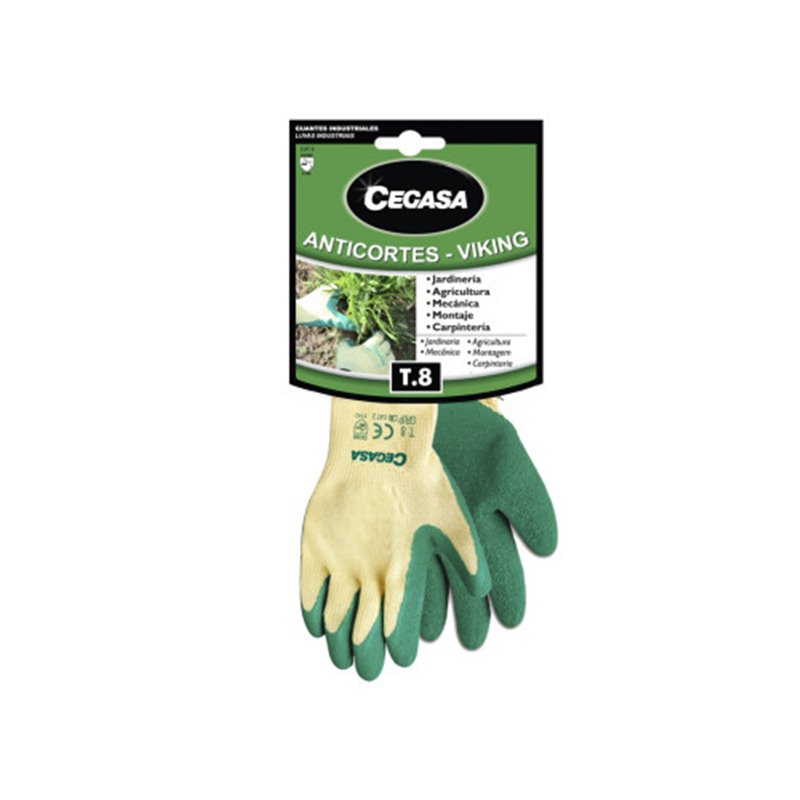 GUANTES DE TRABAJO ANTICORTES VIKING ALGODÓN/LATEX VERDE T8-MEDIANA M CEGASA 100540