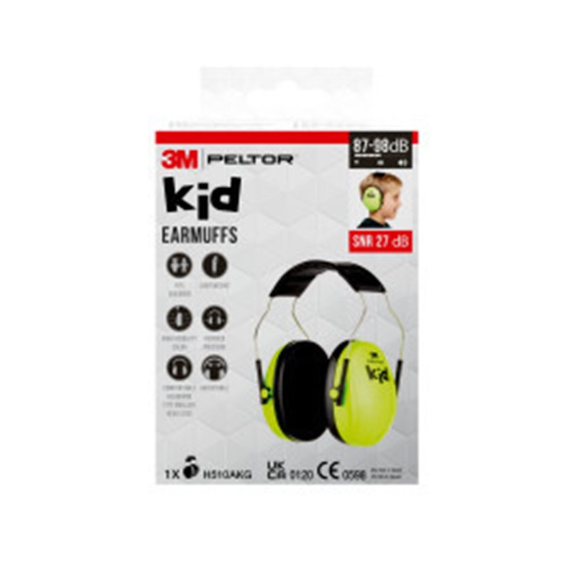 CASCOS OREJERAS ACOLCHADAS CON DIADEMA PROTECCION AUDITIVA INFANTIL PELTOR H510AKG-1 VERDE NEÓN SNR-27DB 3M 7100334987