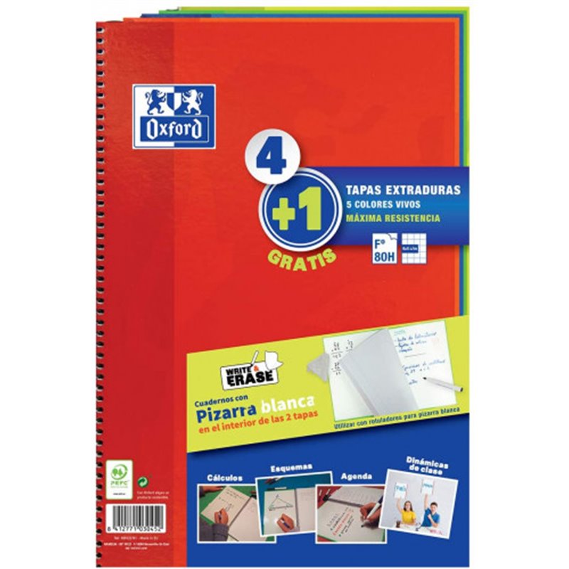 PACK 4+1 CUADERNO ESPIRAL CLASSIC W-E FOLIO 80 HOJAS 4X4 CON MARGEN COLORES VIVOS OXFORD 400122761