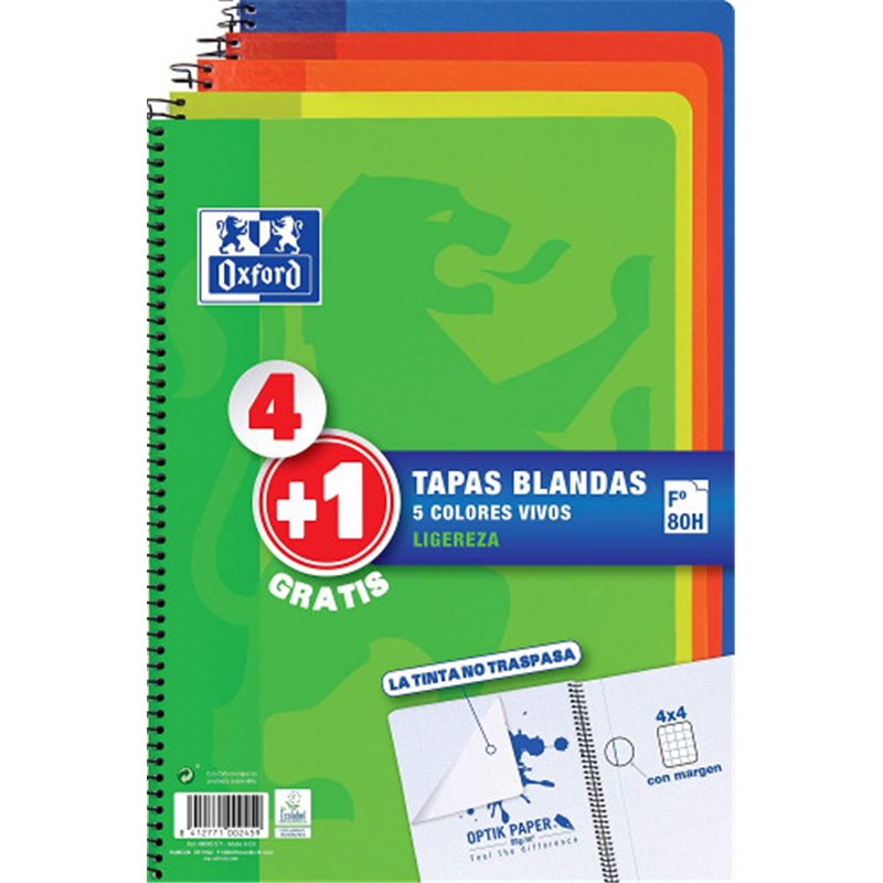 PACK 4+1 CUADERNO ESPIRAL TAPA BLANDA FOLIO 80 HOJAS 4X4 CON MARGEN COLORES VIVOS OXFORD 400027271