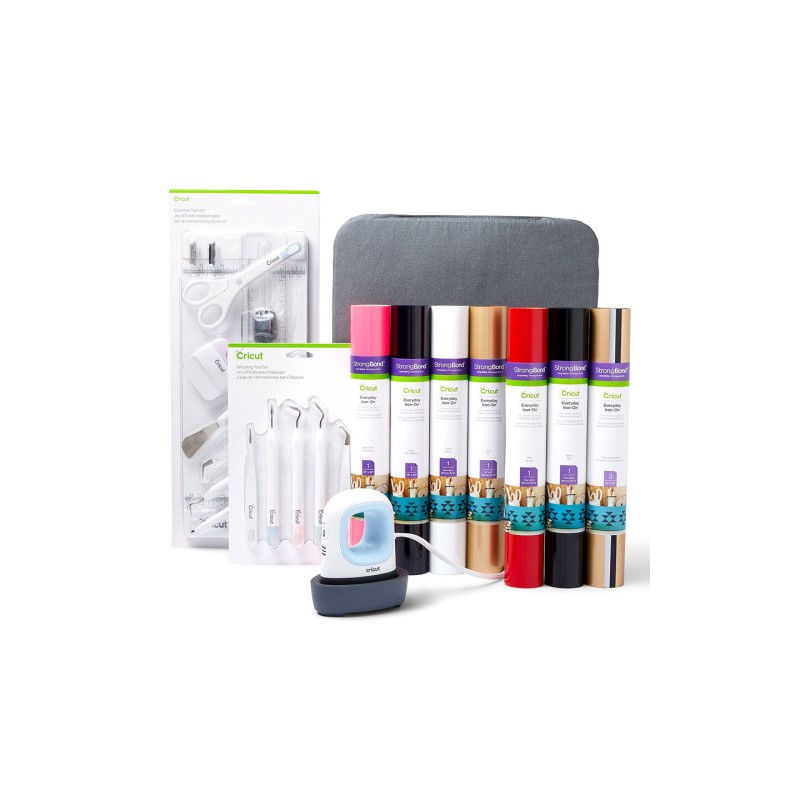Cricut EasyPress Mini, Zen Blue + Everything Iron -On Bundle Azul, Blanco
