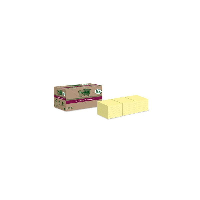 PACK 14+4 BLOCS 90 HOJAS NOTAS RECICLADAS ADHESIVAS 76X76MM SUPER STICKY AMARILLO PASTEL 654 RSSCY14+4 POST-IT 7100284878