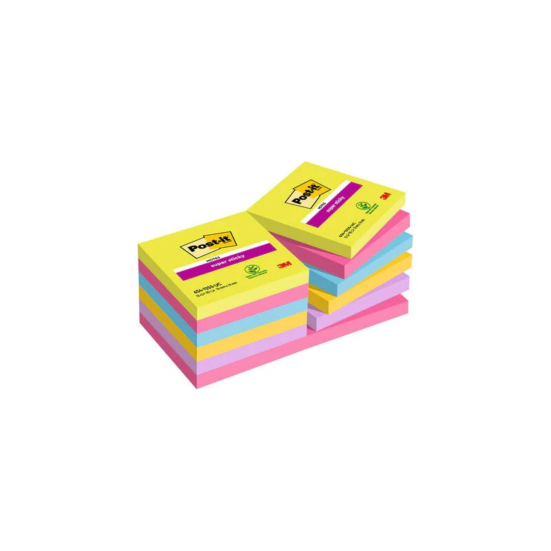 PACK 12 BLOCS 90 HOJAS NOTAS ADHESIVAS 76X76MM SUPER STICKY COLORES SURTIDOS ULTRA 654-12SSUC POST-IT 7100290156