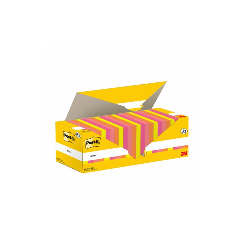 PACK 18+6 BLOCS 100 HOJAS NOTAS ADHESIVAS 76X76MM COLORES SURTIDOS CAJA CARTÓN 654-COL-VP24 POST-IT 7100317837