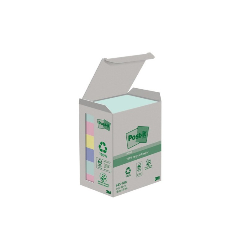 PACK 6 BLOCS 100 HOJAS NOTAS RECICLADAS ADHESIVAS 38X51MM COLORES SURTIDOS CAJA CARTÓN 653-1GB POST-IT 7100259445