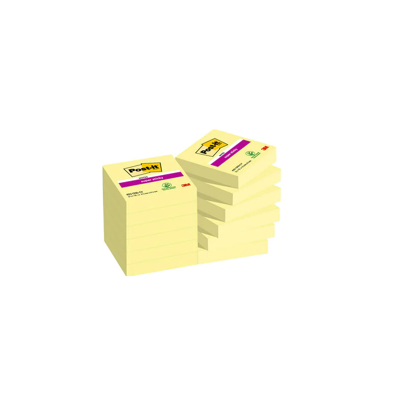 PACK 12 BLOCS 90 HOJAS NOTAS ADHESIVAS 47,6X47,6MM SUPER STICKY CANARY YELLOW CAJA CARTÓN 622-12SSCY-EU POST-IT 7100290190
