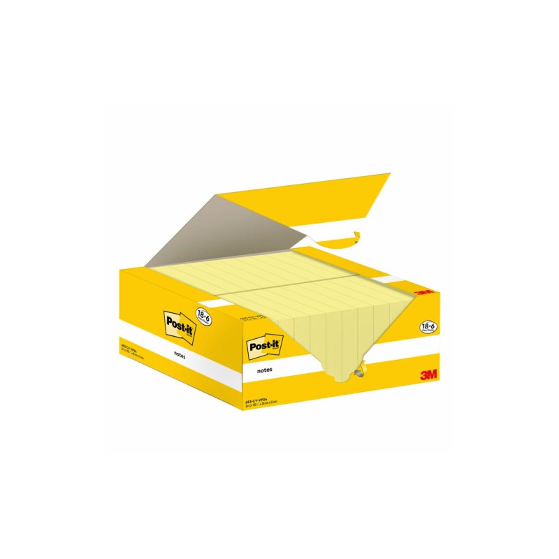 PACK 18+6 BLOCS 100 HOJAS NOTAS ADHESIVAS 38X51MM CANARY YELLOW CAJA CARTÓN 653-CY-VP24 POST-IT 7100317764
