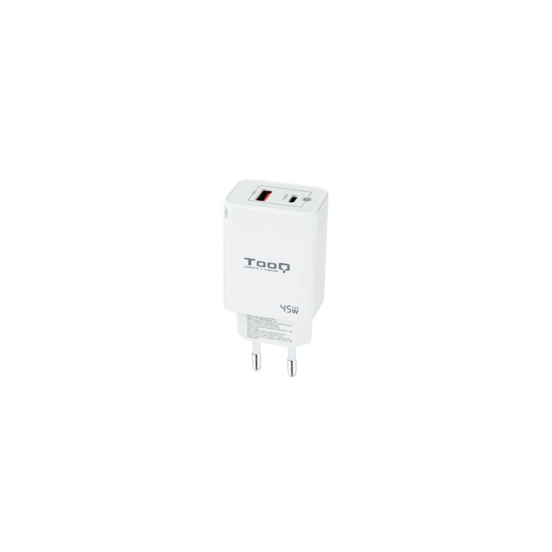 TooQ Cargador de Pared GaN USB-C/PD + USB-A/QC 45W, Blanco