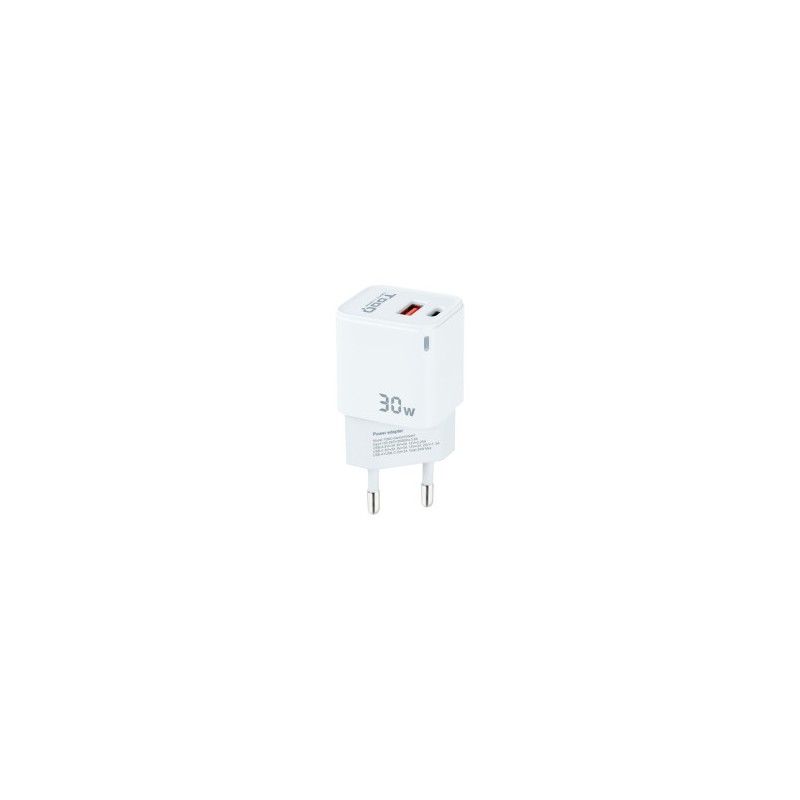 TooQ Cargador de Pared GaN USB-C/PD + USB-A/QC 30W, Blanco