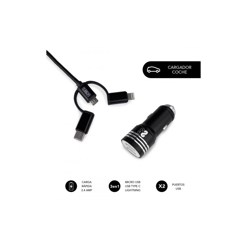 SUBBLIM Cargador Coche 2xUSB Dual Car Charger Alum 2.4A + Cable 3 in 1 Black