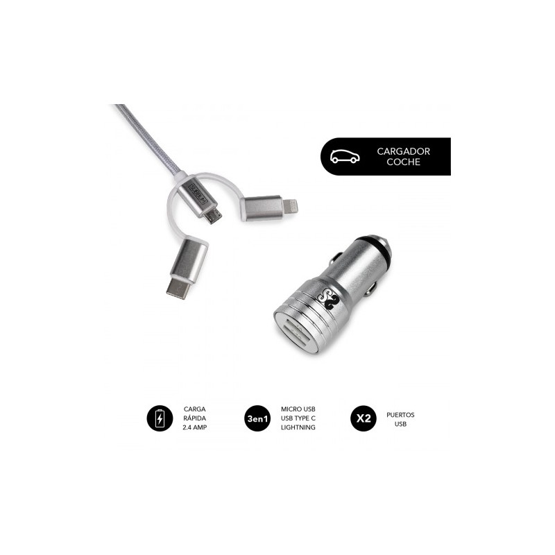 SUBBLIM Cargador Coche 2xUSB Dual Car Charger Alum 2.4A + Cable 3 in 1 Silver