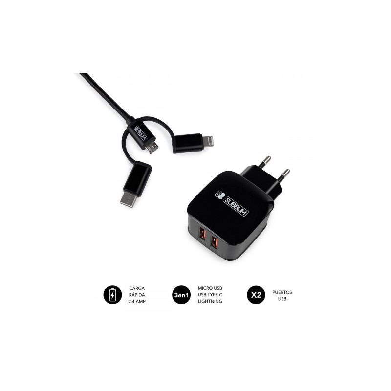 SUBBLIM CARGADOR USB DE VIAJE/PARED 2xUSB (2.4A) + CABLE 3EN1 BLACK Negro Interior