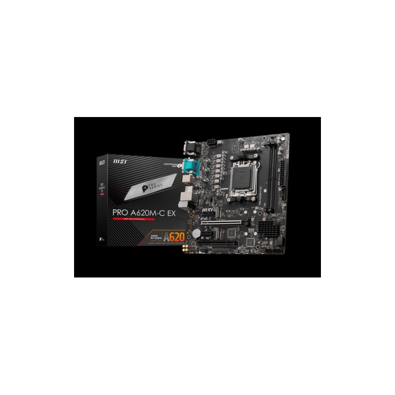 PLACA MSI PRO A620M-C EX,AMD,AM5,A620,2DDR5,128GB,VGA+DVI+HDMI+DP,GBLAN,4SATA6.0+2XM.2,4USB3.2+1USB3.2 TYPE-C,MATX