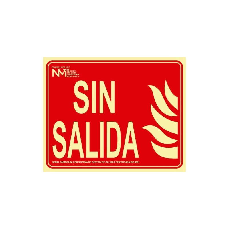 SEÑAL DE INCENDIO "SIN SALIDA" 20X25CM HOMOLOGADA SEGÚN NORMATIVA PP ROJO ARCHIVO 2000 6171-06H RJ