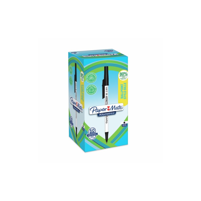 CAJA 50 BOLÍGRAFOS PAPER MATE KILOMÉTRICO PUNTA MEDIANA (1,0MM) TINTA NEGRA 80% PLÁSTICO RECICLADO PAPER MATE 2187701