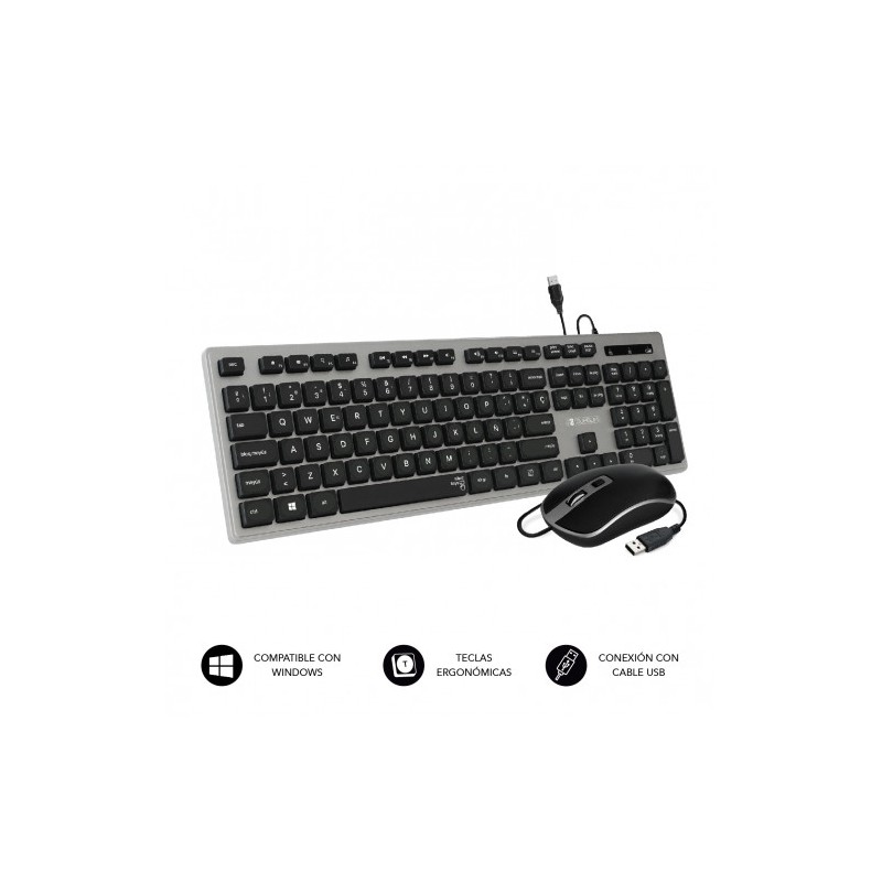 SUBBLIM Teclado Ergonómico y ratón con cable USB Plano Silencioso Gris/Negro Ergo