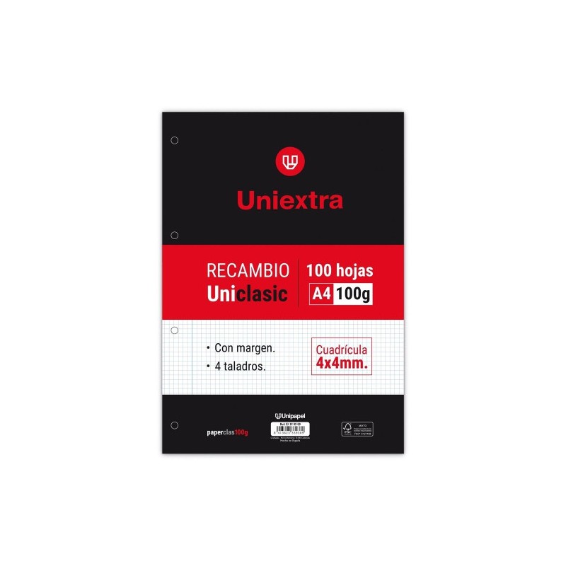 RECAMBIO UNIEXTRA A4 UNICLASIC 100 HOJAS 100G 4X4 C/M PAPYRUS 53390900
