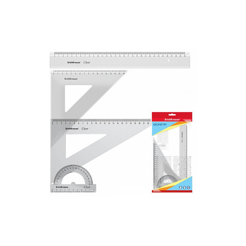 SET DE GEOMETRÍA GRANDE (REGLA 30 CM, ESCUADRA 16 CM/45º, ESCUADRA 22 CM/60º, TRANSPORTADOR 180º/10CM) ERICH KRAUSE 49573