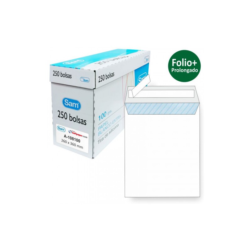 CAJA 250 BOLSAS FOLIO PROLONGADO (260X360) OFFSET BLANCO 100 GRS. OPENSAM AUTOADHESIVO CON TIRA DE SILICONA SAM 149005