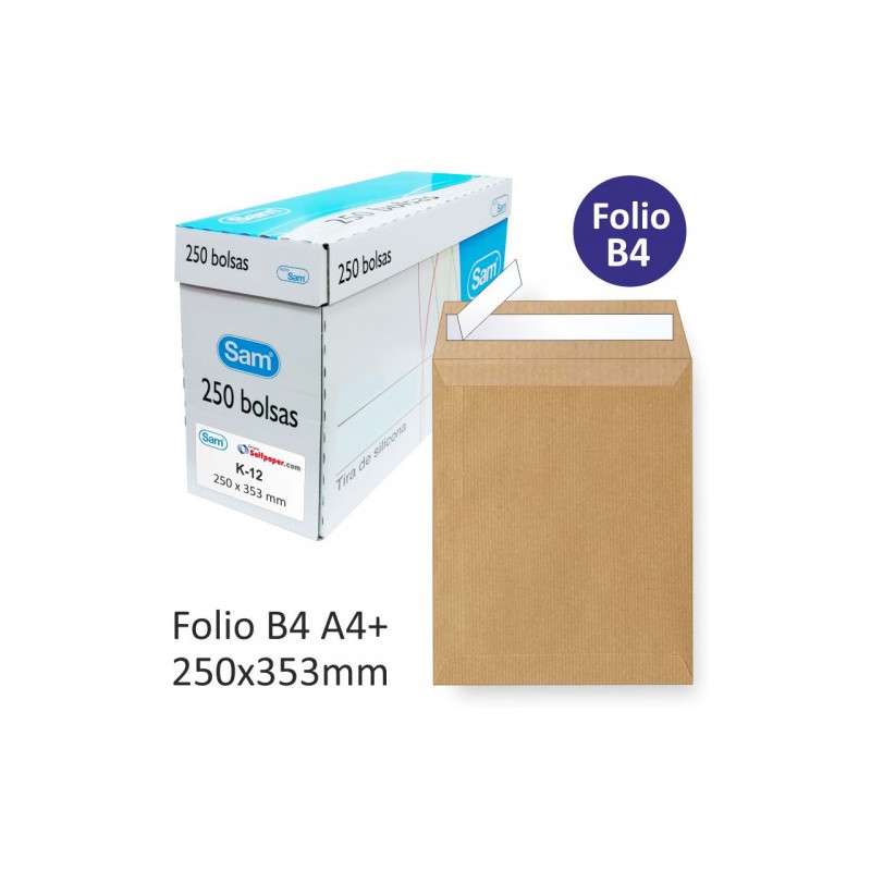 CAJA 250 BOLSAS DIN B4 FOLIO (250X353) KRAFT 90 GRS. AUTOSAM AUTOADHESIVO CON TIRA DE SILICONA SAM 145607
