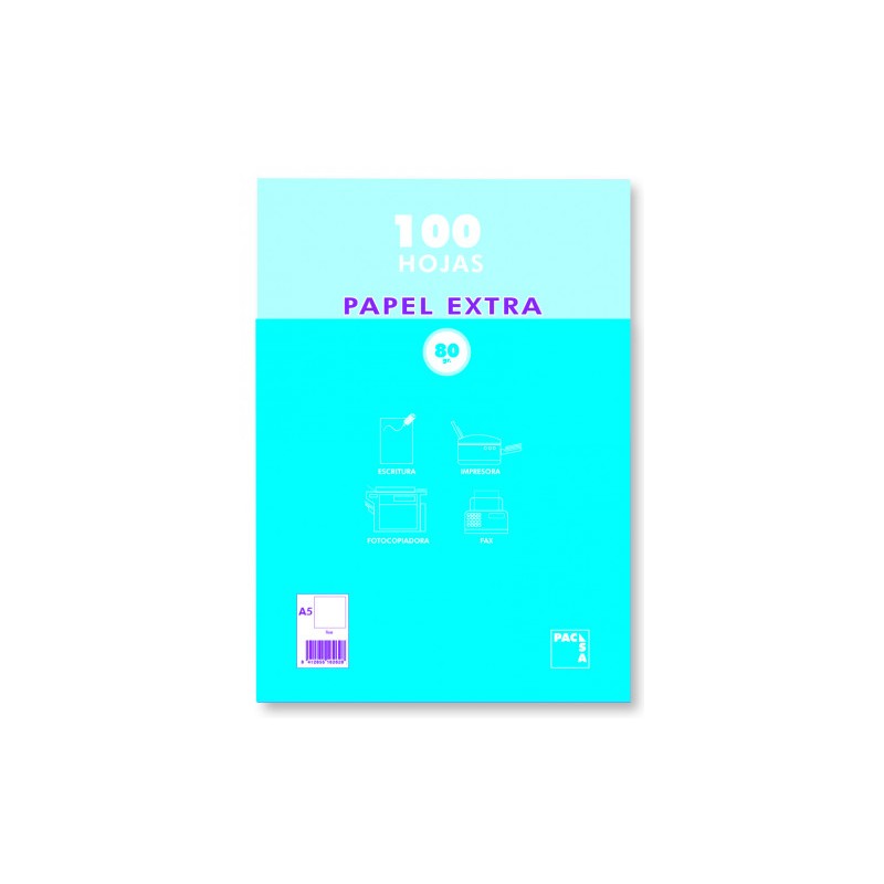 PAQUETE PAPEL EXTRA BLANCO SATINADO 100 HOJAS 80 GRS. A-5 (148X210MM.) LISO PACSA 21814