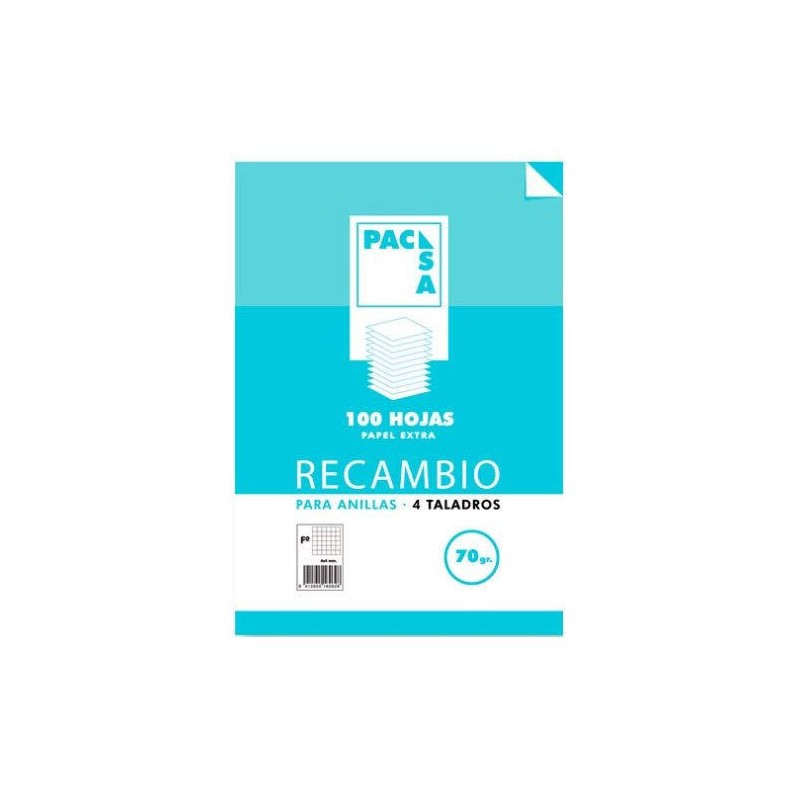 RECAMBIO 70 GRS. 4 TALADROS FOLIO (215X310MM.) 100 HOJAS CUADRÍCULA 4X4 CON MARGEN PACSA 21211