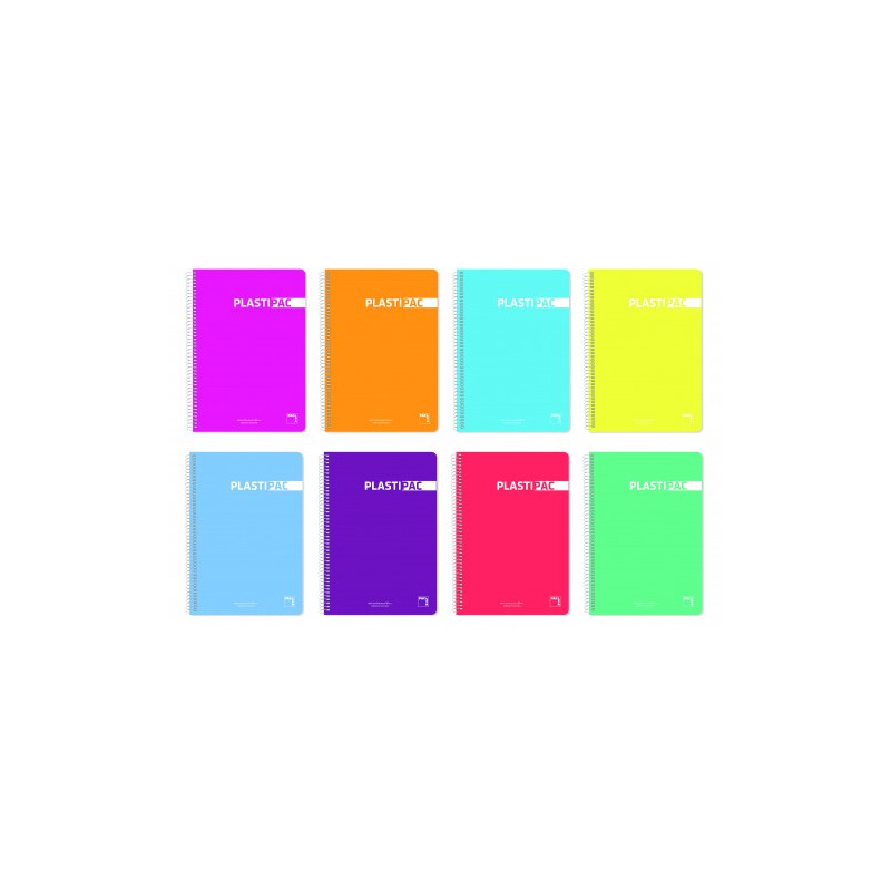 CUADERNO SERIE PLASTIPAC 90 GRS. TAPA POLIPROPILENO FOLIO (215X310MM.) 80 HOJAS HORIZONTAL CON MARGEN 8 COLORES SURTIDOS PACSA 1