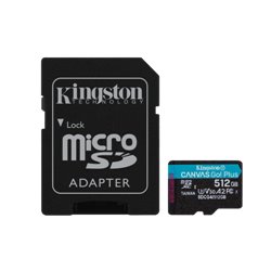 Kingston Technology Tarjeta microSDXC Canvas Go Plus Gen4 de 512 GB, 200 MB/s, A2 U3 V30 y adaptador