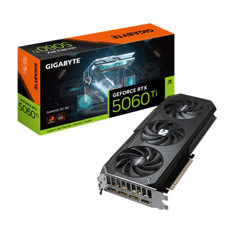 GIGABYTE GeForce RTX 5060 Ti GAMING OC 8G Tarjeta Gráfica – 8 GB GDDR7, 128 bits, PCI-E 5.0, 2647 MHz Frecuencia del núcleo, 3 x