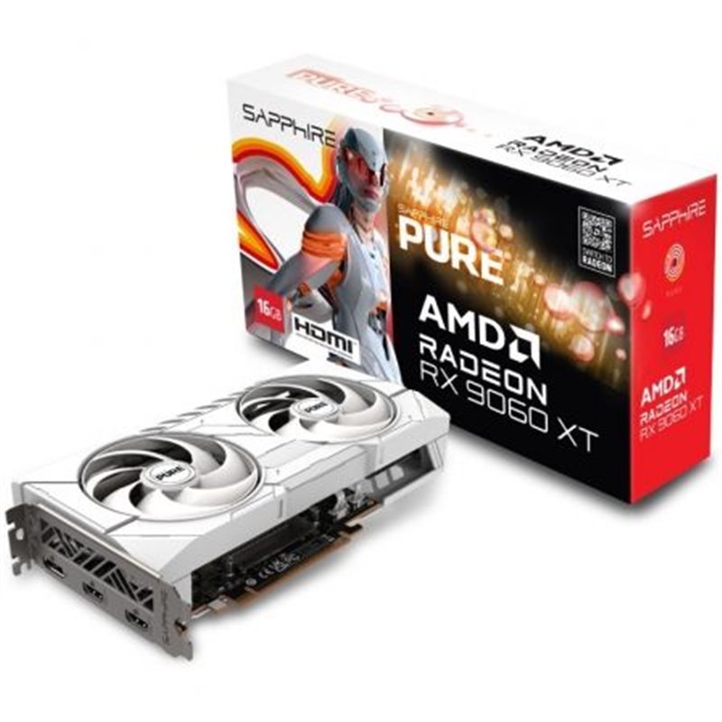 VGA SAPPHIRE PURE RX 9060 XT GAMING OC,AMD,RX9060XT,16GB,GDDR6,128BIT,2HDMI+2DP,ARGB,COLOR BLANCO (3 VENTILADORES)
