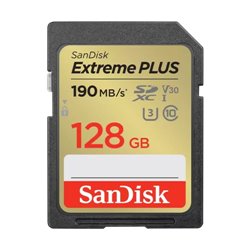 SANDISK EXTREME PLUS 128GB SDXC MEMORY CARD + 2 YEARS RESCUEPRO DELUXE UP TO 190MB/S & 90MB/S READ/WRITE SPEEDS, UHS-I, CLASS 10