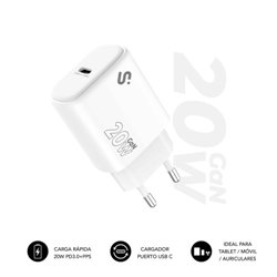 SUBBLIM Cargador USB-C GaN 20W , Power Delivery 3.0 & PPS, Enchufe Rápido para iPhone 16-12, iPad, Galaxy S24-S20, Pixel 9-6, Xi