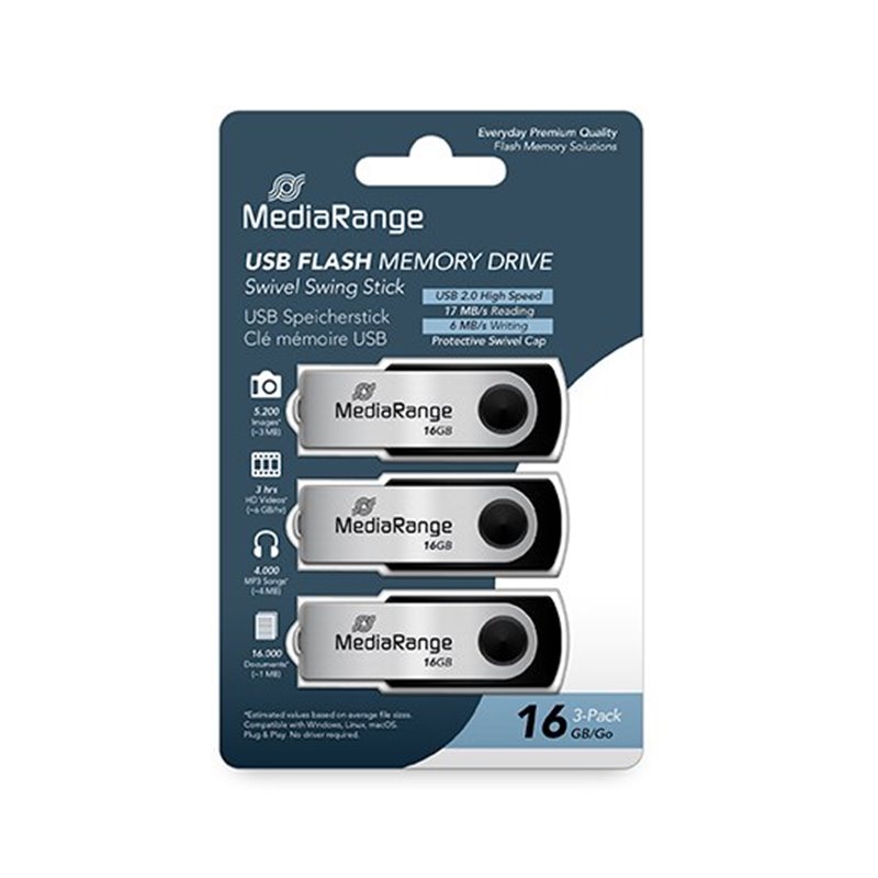 PENDRIVE 16GB USB 2.0 MEDIARANGE 3 PACK